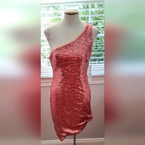 Aqua Sparkling Rosette Sequined One Shoulder Dress Sz M NWT